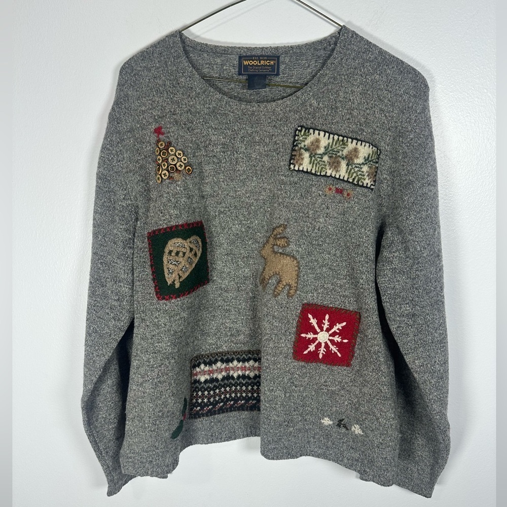 Woolrich Vintage Gray Holiday Appliqué Patch Sweater 100%Lambswool Size Large